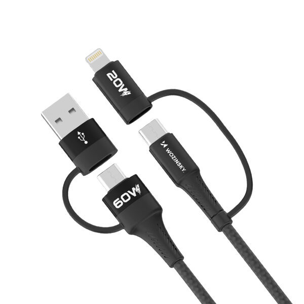 4w1 Universāls kabelis vads 2x USB-C 1x USB-A 1x Lightning 60W 1m melns